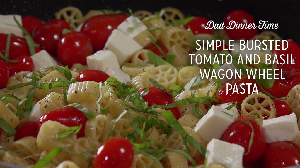 Simple Bursted Tomato Basil Wagon Wheel Pasta Recipe