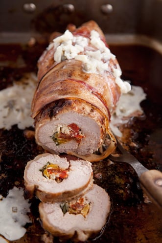 Veal Loin Stuffed with Roasted Bell Peppers, Goat Cheese, and Basil Recipe